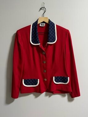 Vintage Leslie Fay Red Blazer with Navy Quilted Contrast Trim